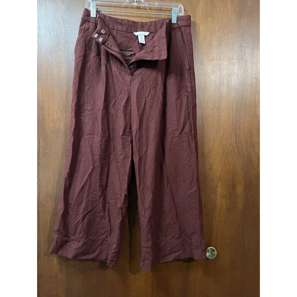 H&M Womens Linen Blend Wide Leg Burgundy Pants Pockets Size 10 Minimalist Chic